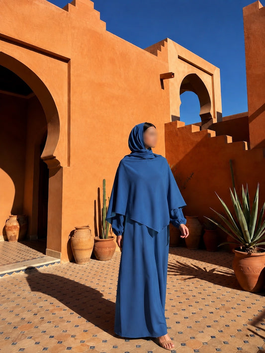 Ensemble abaya + khimar bleu bi-stretch