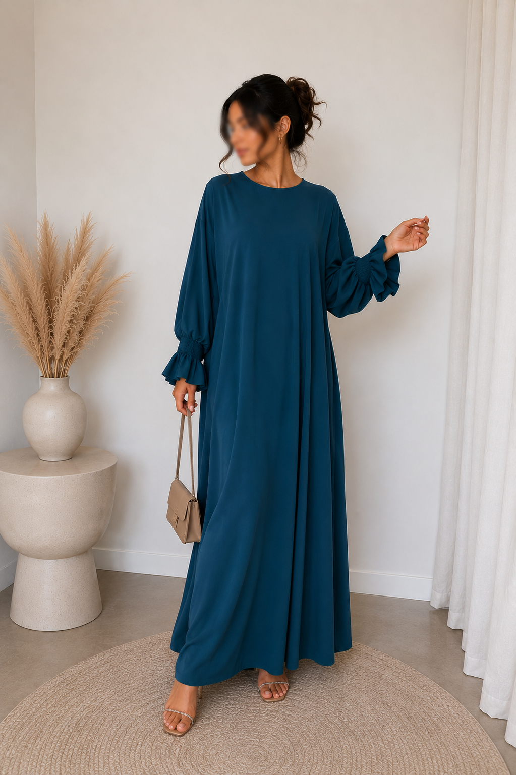 Abaya bleu jean - manches smockées
