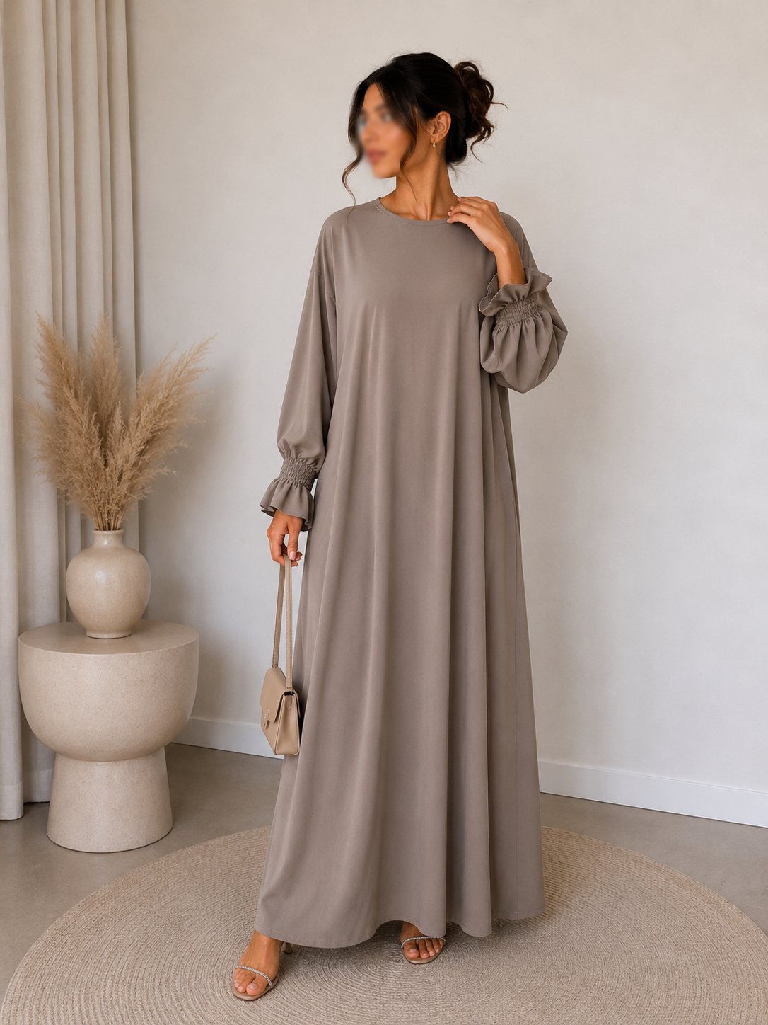 Abaya taupe - manche smockées