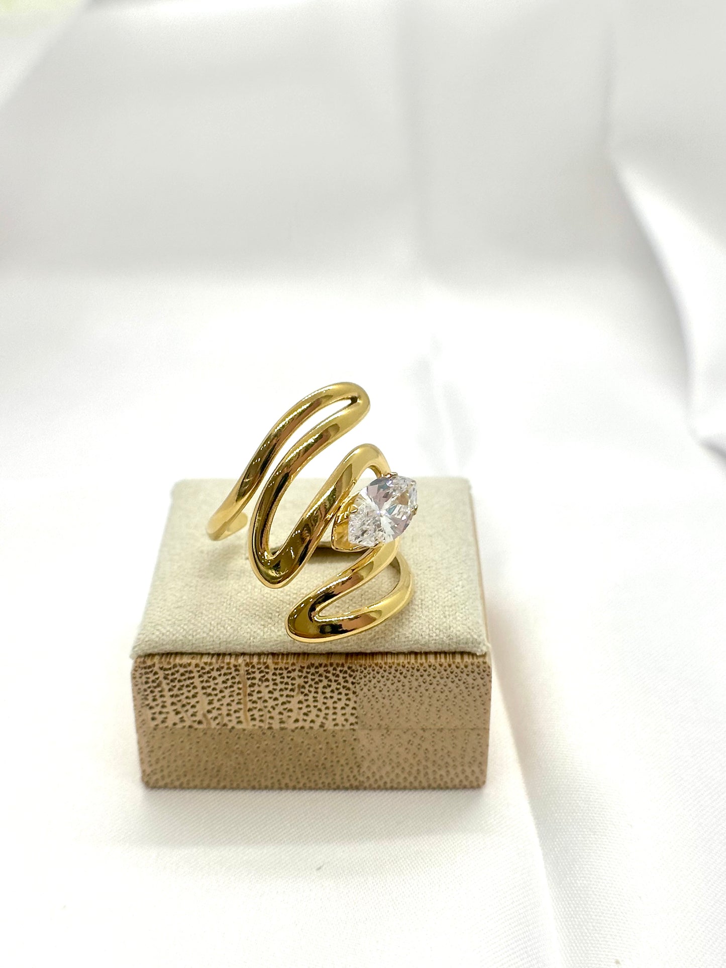 Bague marquise ajustable, design ouvert, cristal clair