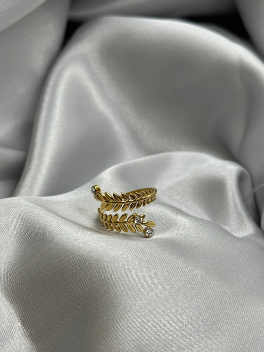 Bague Feuille Dorée Ajustable – Acier Inoxydable & Zircons