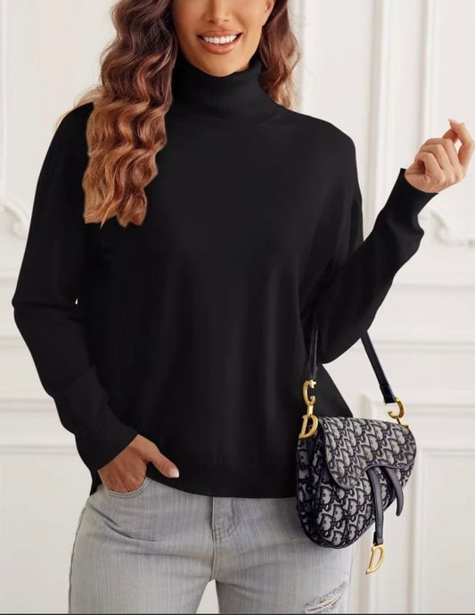 Pull Noir Col Montant – Coupe Confort & Style Chic