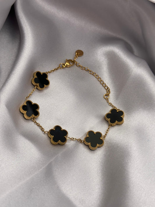 🖤 Bracelet Trèfles Noir Onyx – Acier Inoxydable Doré