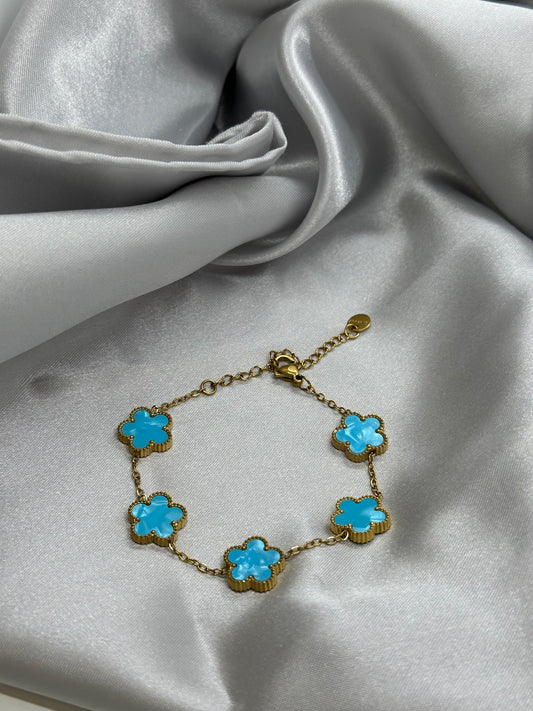 💙 Bracelet Trèfles Bleu Azur – Acier Inoxydable Doré