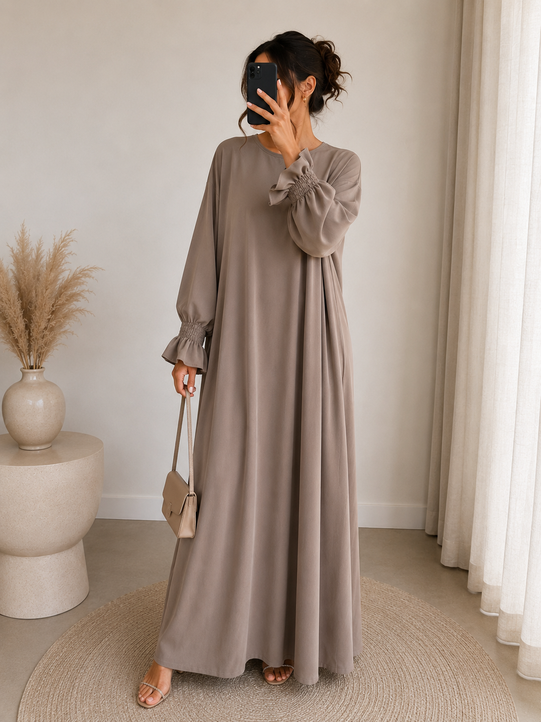 Abaya taupe - manche smockées