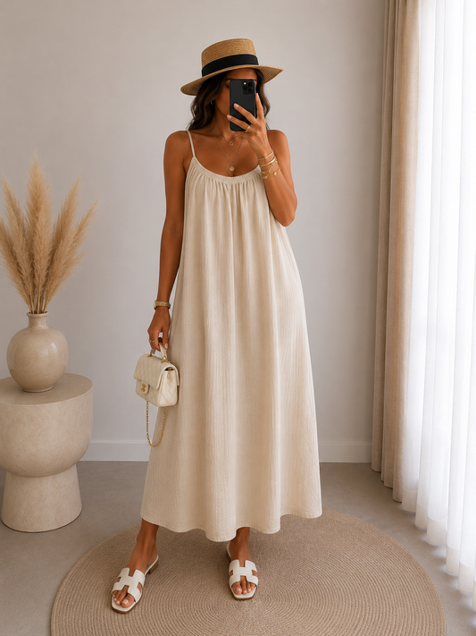 Longue robe gaze de coton beige — élégance naturelle & confort absolu.