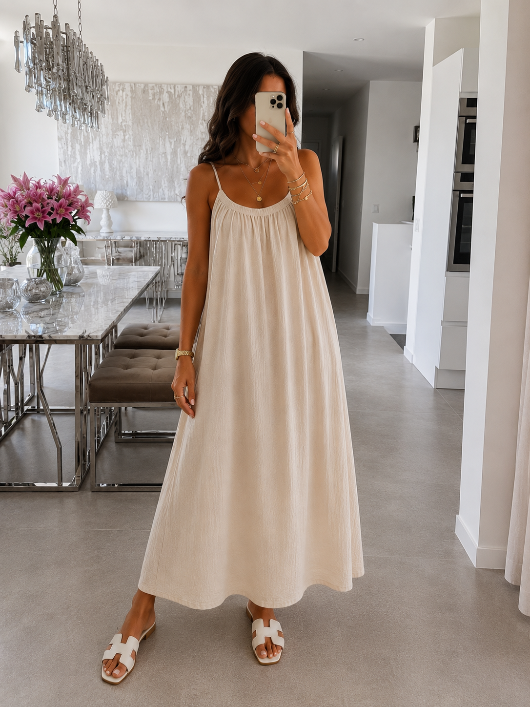 Longue robe gaze de coton beige — élégance naturelle & confort absolu.