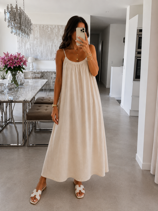Longue robe gaze de coton beige — élégance naturelle & confort absolu.